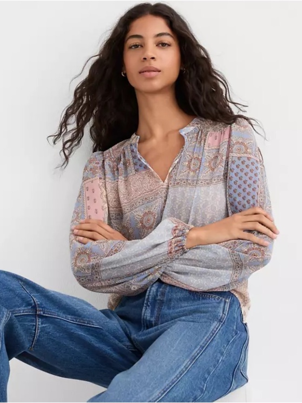 LOFT Women's Pastel Pink Blue Cream Brown Paisley Patchwork Long-Sleeve Blouse L